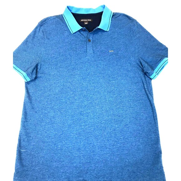 Michael Kors Men’s Polo Shirt Size Large Button Front Short Sleeve Blue Logo - Picture 1 of 7